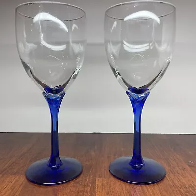 Buy Collectible Cobalt Blue/crystal Clear Blown Glass Wine Goblet EUC 8” Set Of 2 • 14.41£