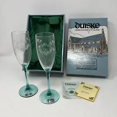 Buy 2 Duiske Irish Hand Cut Glass Claddagh Champagne Flute Glass Set Shamrock NIB • 44.39£