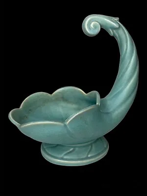 Buy Vintage Unmarked Cornucopia Horn Of Plenty Pottery Matte Blue Large Planter • 47.42£