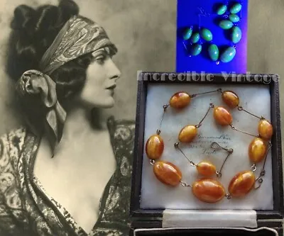 Buy Antique Art Deco Czech URANIUM Satin Glass Beads Necklace Bohemian Butterscotch • 120£