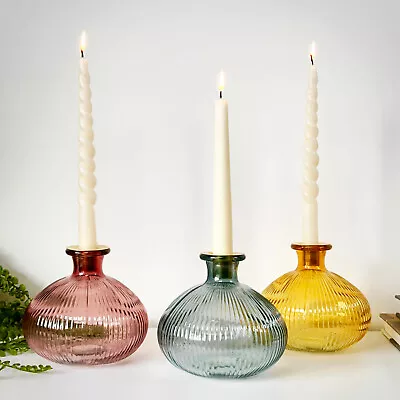 Buy Boho Glass Candlestick Holders Set Of 3 Colour Ribbed Taper Dinner Candles Decor • 21£