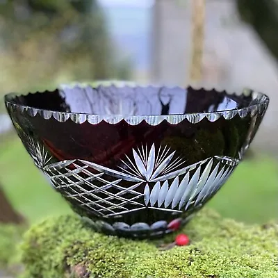 Buy Bohemian Cut To Clear Crystal Glass Bowl Large - Deep Ruby Red Stunning • 44.99£