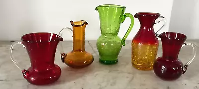 Buy Lot Of 5 Crackle Glass Pitchers, Green, Amber, Red & Red Amber Ombré • 41.15£