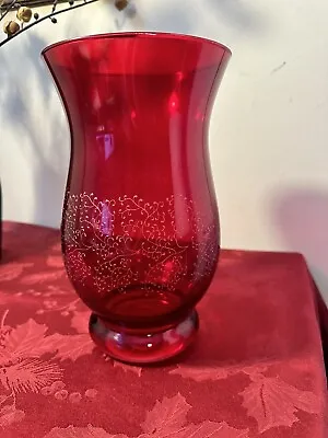 Buy Ruby Red Etched Floral Glass Vase Vintage • 14.44£