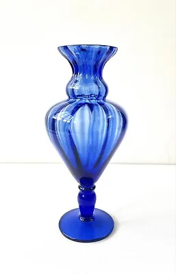 Buy Gorgeous Hand Blown Cobalt Blue Glass Vase, Elegant Ribbed Pattern, 20cm Tall • 12.95£
