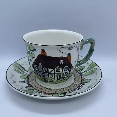 Buy Vintage John Maddock & Sons Vitreous Thatched Cottage Cup & Saucer Hand Painted • 18.50£