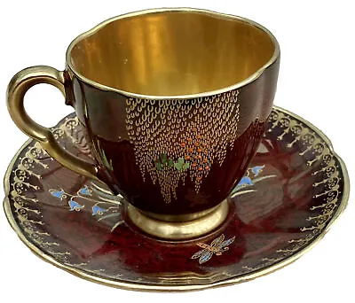 Buy Rare Vintage CARLTON WARE Lustre Enamel Red & Gold Hand Painted CUP AND SAUCER • 53.50£