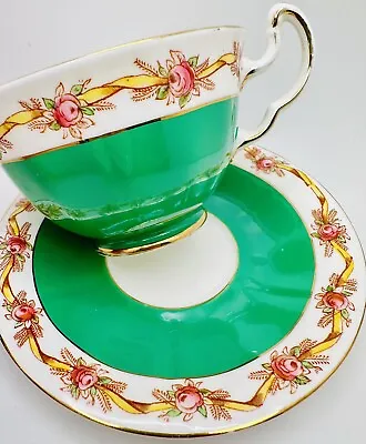 Buy Vintage ADDERLEY England Green Painted Pink Rose Ribbons Cup & Saucer; Teacup • 21.81£
