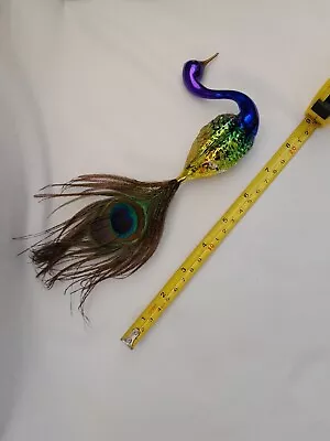 Buy Vintage Blown Glass Peacock Ornament Mercury ? Real Tail Feather • 16.99£