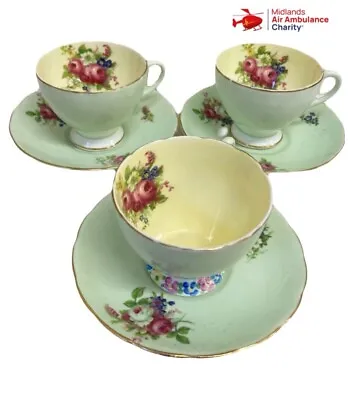 Buy Vintage 1850 Foley Bone China 3 Tea Cups & Saucers Rare Pattern Green Minor Chip • 30£