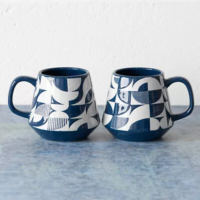 Buy Set Of 4 Coffee Mugs Navy Blue & White Bauhaus Scandi 400ml Stoneware Tea Cups • 40£