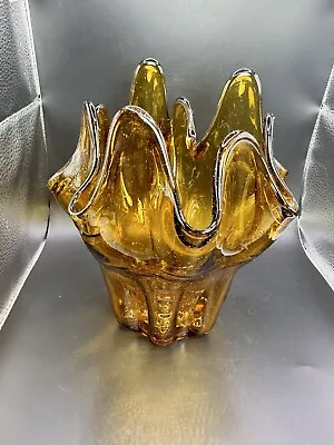 Buy Vintage Honey Amber Glass Handkerchief 8 Petal Swung Bowl Vase 8x6.5” MCM • 34.52£