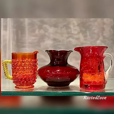 Buy Vintage Red Crackle Glass Mini Pitcher Small Vase HAND Blown Mixed Set Of 3 • 46.49£