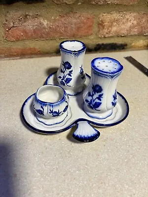 Buy Victoria Staffordshire Ironstone Flow Blue & White Rose Cruet Set With Tray. • 19.99£