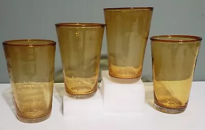 Buy Set Of 4 Hand Blown Seeded Bubble Amber Glass Tumblers Mexican Heavy 6  • 23.97£