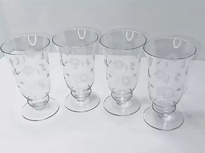 Buy Set Of 4 Vintage 1930-40's Cut Glass Floral Etched Pedestal Iced Tea Glasses • 37.90£