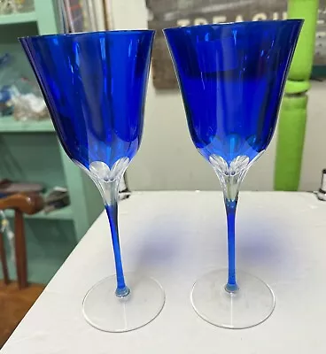 Buy Cobalt Blue Set Of 2 Wine Water Glasses Center Floral Pattern Stemware NICE • 11.51£