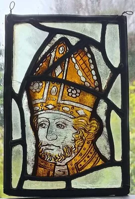 Buy Antique Painted Cleric / Bishop Stained Glass Window With Hangers • 53£