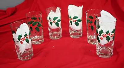 Buy Vintage Christmas Drinking Glass Tumblers 12 Oz. HOLLY BERRY Heavy Base Set Of 6 • 9.45£