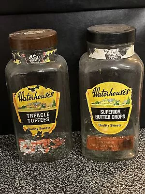 Buy 2 X Vintage Glass Sweet Jars With Original Labels Waterhouses Treacle Toffee • 34.99£