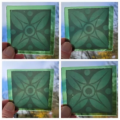 Buy Stained Glass Set Of 4 Green Kiln Fired Squares With Floral Design • 45£