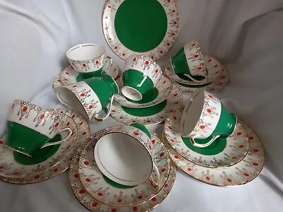 Buy Vintage Bone China Teaset-Windsor- -Handpainted- 20 Pieces- Green & Orange-1234c • 29.95£