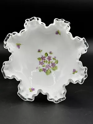 Buy Fenton Silver Crest Milk Glass Hand Painted Violets Ruffled Edge Dish Bowl • 24.07£