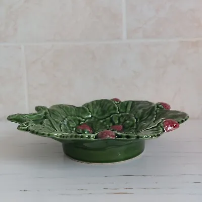 Buy Vintage Green Leaves Strawberry Pattern Footed Dish Bowl PORTUGAL Majolica 3D • 30£
