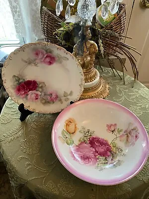 Buy ANTIQUE ~ Limoge Hand Painted Roses Plate / 10  Wide/3  Deep Bavarian  Bowl • 22.04£
