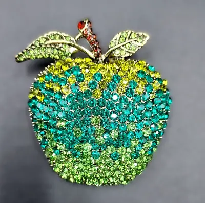 Buy Vintage Stunning Green Apple With Multi-Colored Green And Red Rhinestones Brooch • 36.44£