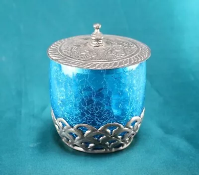 Buy Vintage Sky Blue Crackle Glass Box With Metal Lid Decorative Storage Container • 120.61£