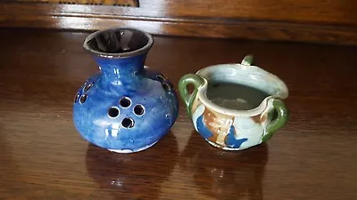Buy Antique Barum Art Pottery Blue Glaze Vase & 3 Handled Small Pot Lauder • 18£
