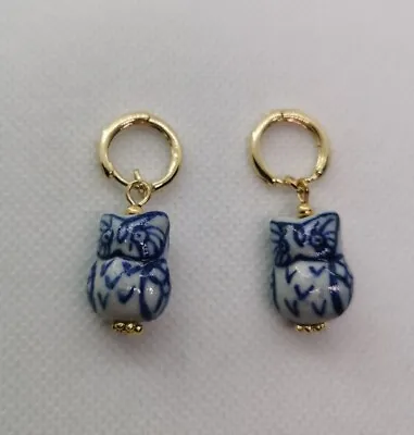Buy New Delft Blue Pottery Owl Design Porcelain Dangle Drop Gold Tone Metal Earrings • 5.99£