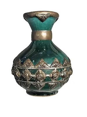 Buy Vintage Moroccan Kasbah Pottery Vase Green Glaze & Silver Metal  5  • 33.56£