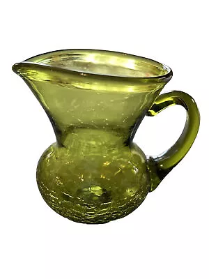 Buy Vintage Hand Blown Olive Green Crackle Glass Pitcher 4  Tall • 16.10£