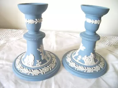 Buy Pair Elegant Wedgwood Blue Jasperware Etruscan Candlesticks / Holders • 29.95£