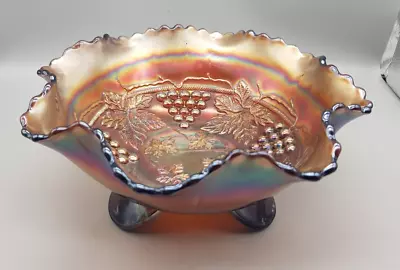 Buy Vintage Three Footed Ruffle Topped Iridescent CARNIVAL Glass Bowl • 9.50£
