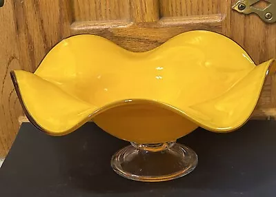 Buy Teleflora 70's Style Yellow-Orange Art Glass Ruffled Compote Pedestal Bowl • 14.39£