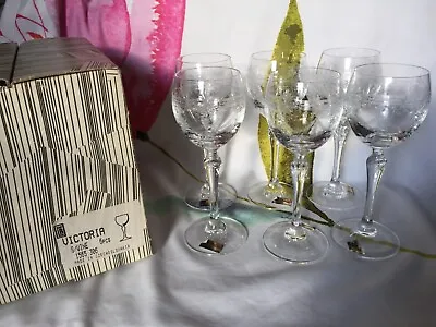 Buy 6 Vintage Czechoslovakia Bohemia Needle Etched Crystal Wine Glasses 18cm Boxed • 69.95£