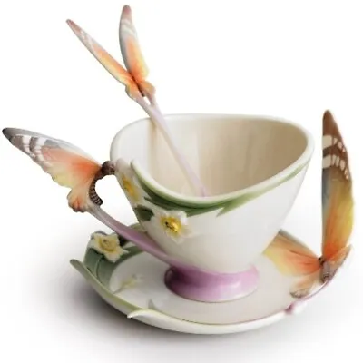 Buy Franz Papillon Butterfly Jen Woo  Porcelain Teacup, Saucer, Spoon XP1693 Set • 49.99£