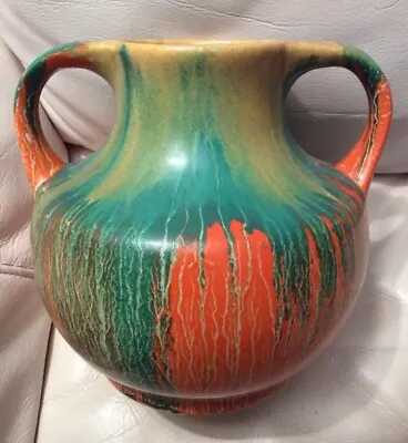 Buy Vintage Art Deco 1930s 2-handled Vase Dripware Green Orange ? Wade Heath Orcadia • 12£