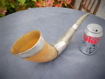 Buy Vintage Powder Horn  ? Vessel Drinking Mug With Decorative  (Silver?) Bands • 45£