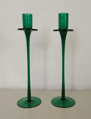 Buy Vintage Green Glass Candle Holders X2 ~ Gorgeous Retro 26.5cm Tall FREEPOST UK✅ • 21.50£