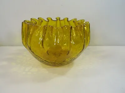 Buy Large Mid Century Blown Crackle Glass Amber Glass Crimped Rose Bowl Vase • 23.80£