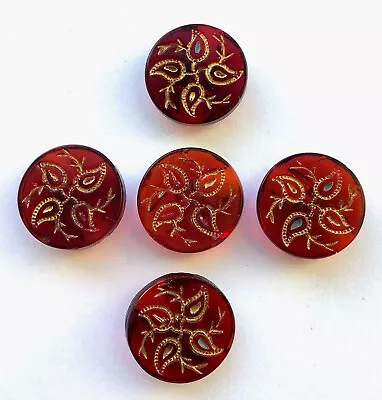 Buy 5 X 16mm Antique Cranberry Red Glass Buttons With Gold Leaves • 2.99£