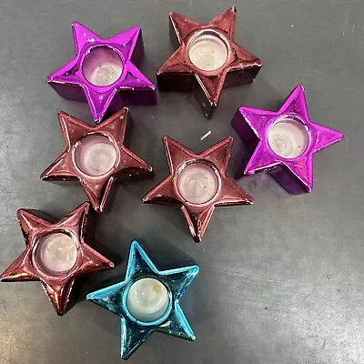Buy Star Vintage Glass Candle Holders Lot Of 7 Metallic Colored Blue Purple Pink • 24.13£