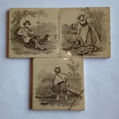 Buy 3 X Antique Minton China Works Tiles Depicting Rural Scenes By William Wise. • 24.95£