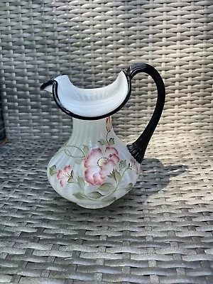 Buy Fenton Rib Optic Opalescent White & Black Crest Pitcher Rose Hand Painted & Sign • 94.86£