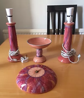 Buy Lovely Set Of Jersey Pottery Vintage Pillar Lamps & Matching Clock & Tazza Bowl • 42.99£
