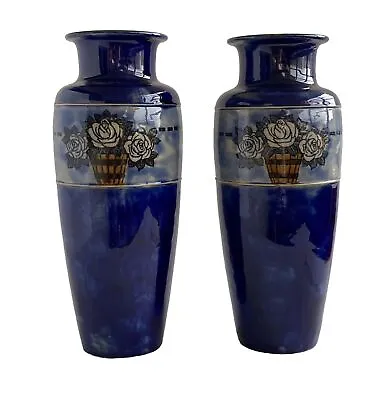 Buy Royal Doulton Pair Lambeth Ware Blue Rose Design Vases 13.0” Tall 1920’s Vintage • 853.13£
